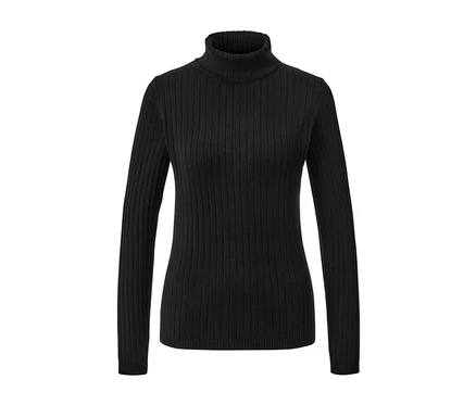 Schwarzer gerippter Rollkragenpullover.