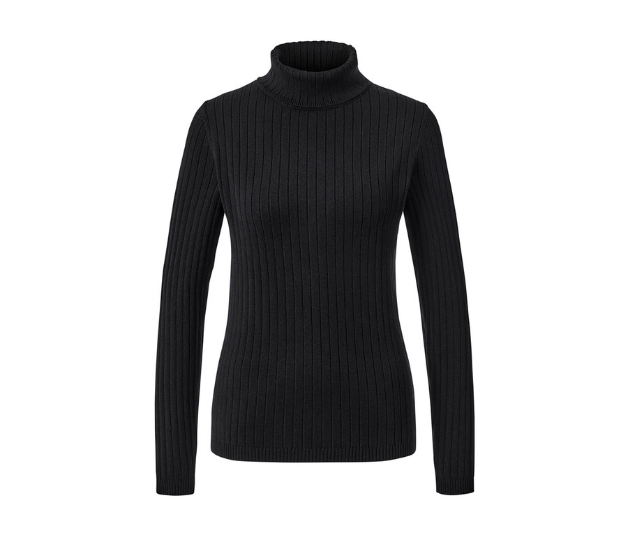 Schwarzer gerippter Rollkragenpullover.