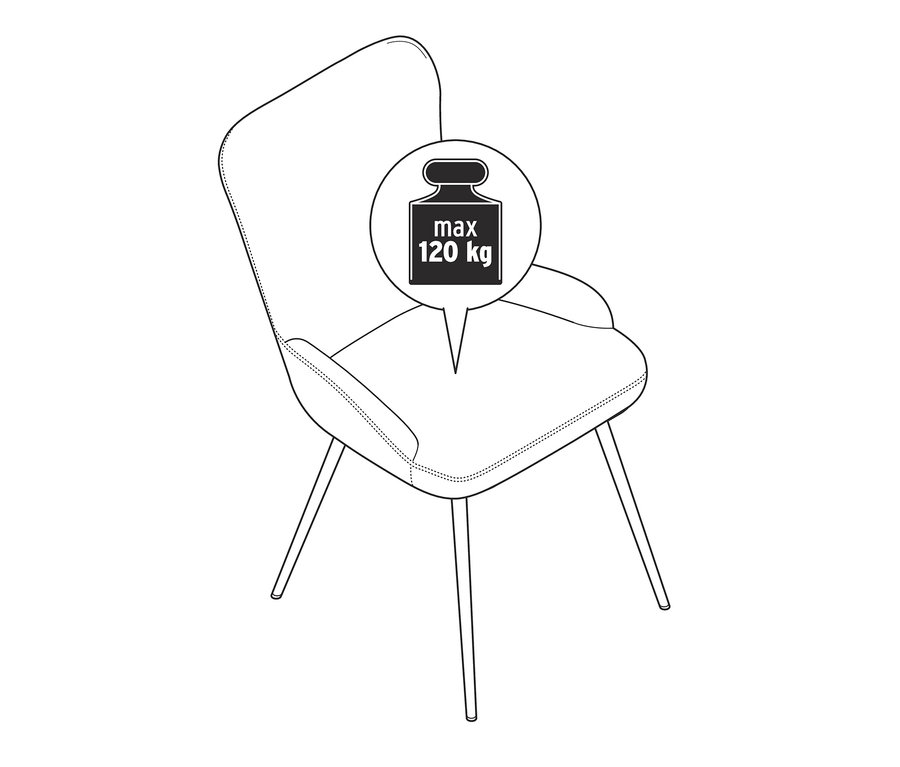 Illustration eines anthrazitfarbenen, gepolsterten Stuhls mit einer Infografik zum maximalen Gewicht von 120 kg.