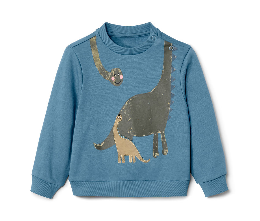 Blauer Kinder-Sweater mit Dino-Applikation.