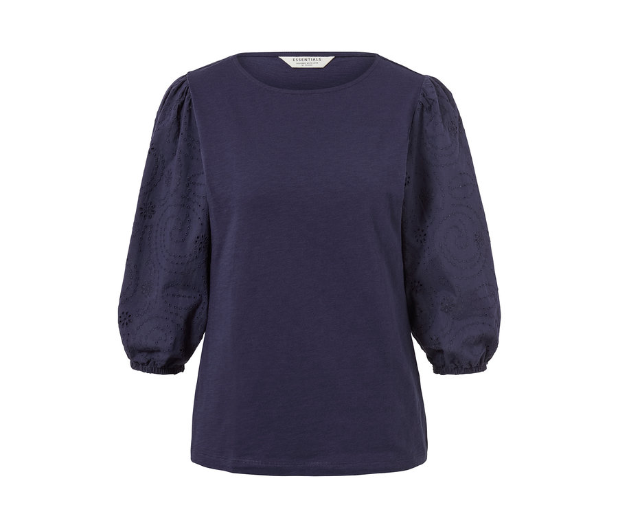Dunkelblaues Shirt mit 3/4-Ärmeln und Lochstickerei.