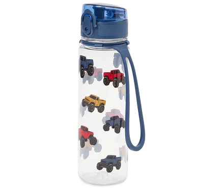 Blaue Trinkflasche mit Auto-Motiven.