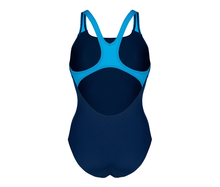 Detailansicht der Rückseite des arena Performance Damen Badeanzugs Two Sides Swim Pro Back in Blau und Türkis.