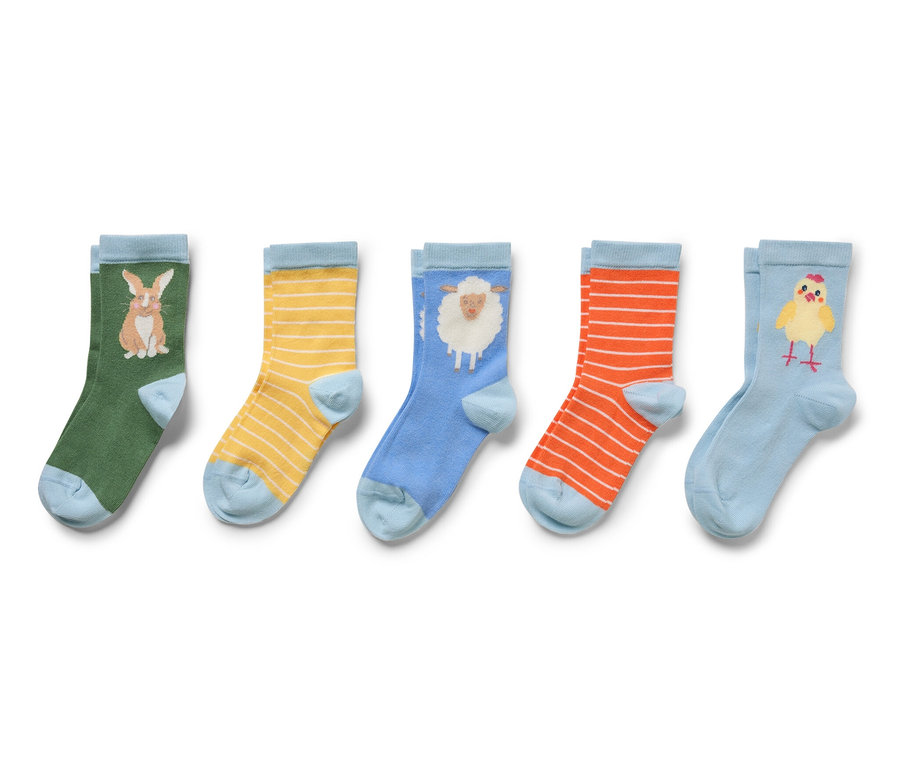 Fünf Paar bunte Kinder-Socken mit Tiermotiven.