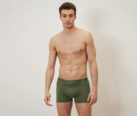 Mann mit freiem Oberkörper posiert in olivgrünen Boxershorts.