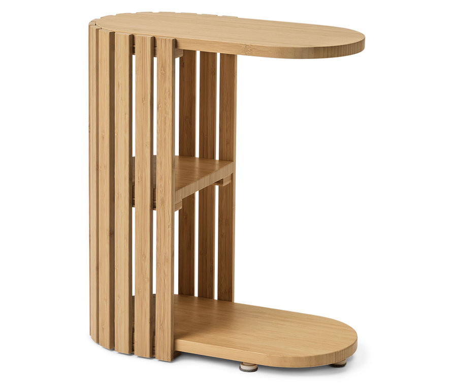 Hellbrauner Holztisch mit ovaler Tischplatte, Ablage und ovalem Sockel.