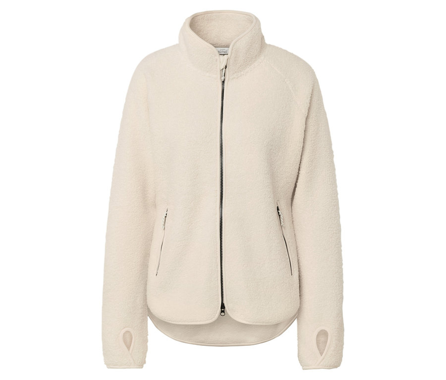 Beige Fleecejacke mit Reißverschluss und Daumenlöchern.