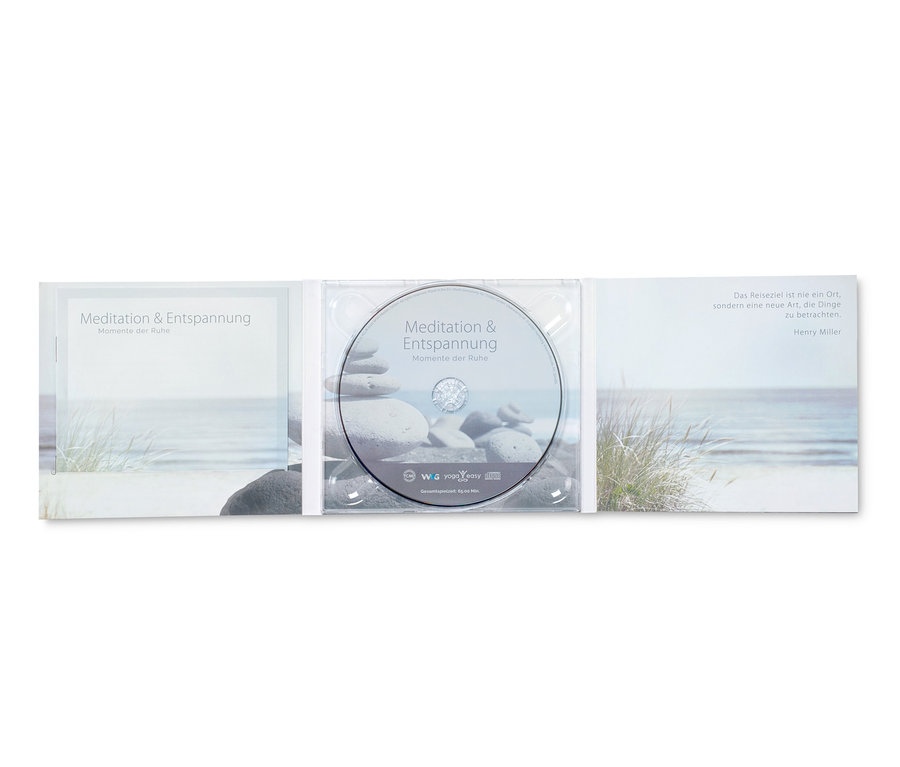 CD-Hülle »Meditation und Entspannung – Momente der Ruhe« mit Strandmotiv.