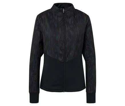 Schwarze Jacke mit Reißverschluss und Muster auf dem Oberteil.
