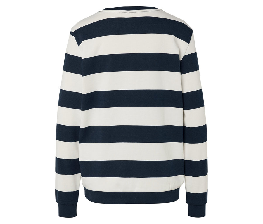 Rückansicht eines gestreiften, marineblau-weißen Pullovers.