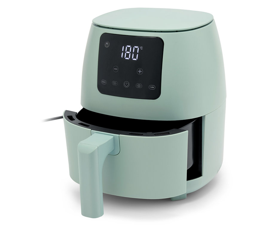 Hellgrüne Fritteuse mit digitaler Anzeige, die 180 Grad anzeigt.
