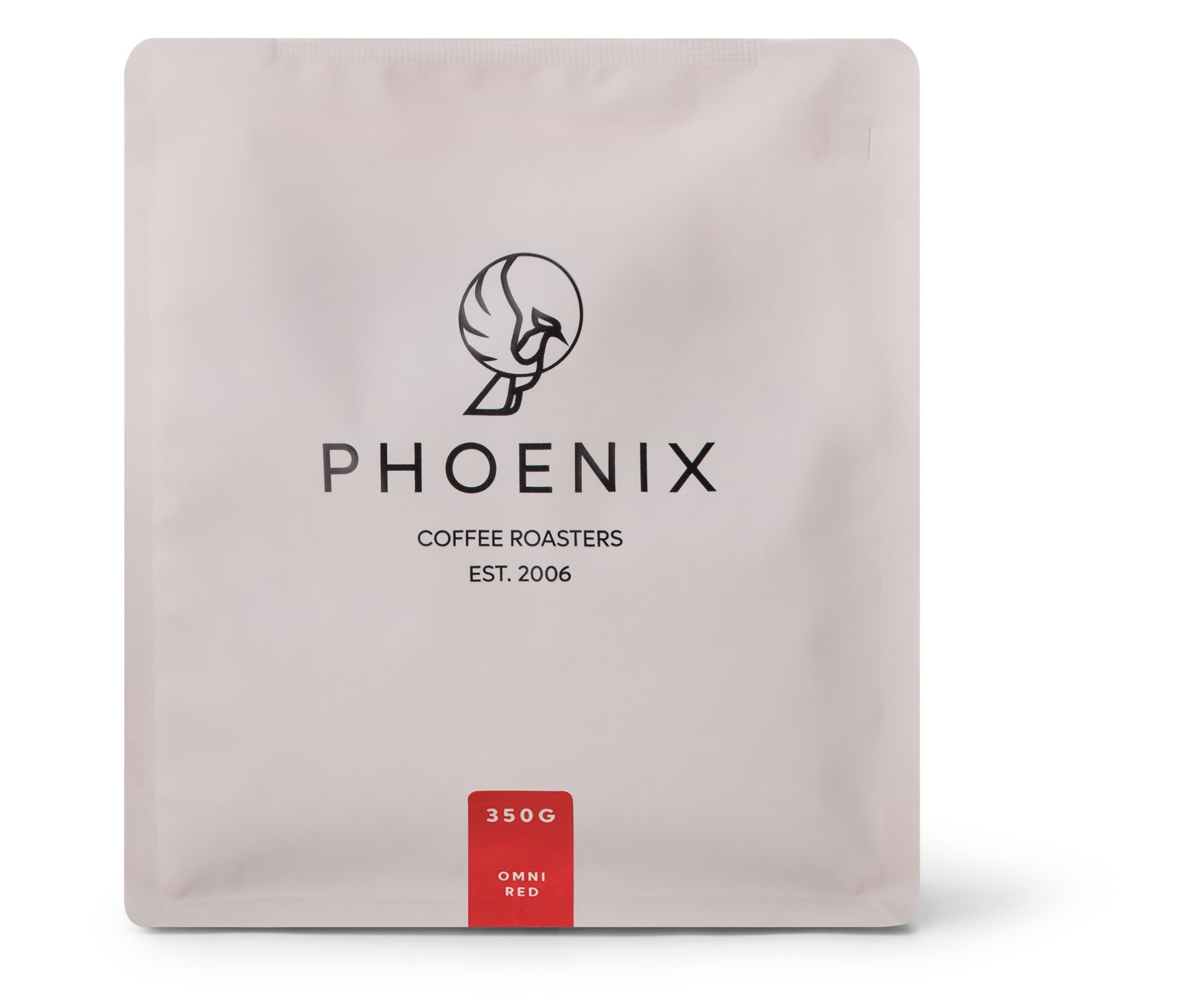 Nahaufnahme einer rechteckigen Packung Phoenix - Red Omni-Roast - 350 g Ganze Bohne Kaffee.