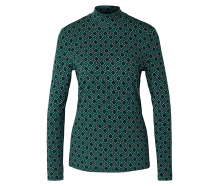 Grün gemustertes Langarmshirt mit Stehkragen vor neutralem Hintergrund.