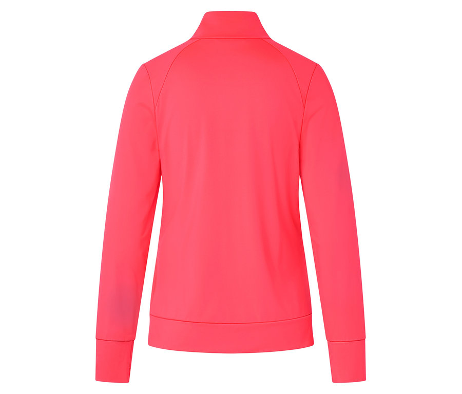 Rückansicht einer pinkfarbenen Trainingsjacke mit durchgehendem Reißverschluss.