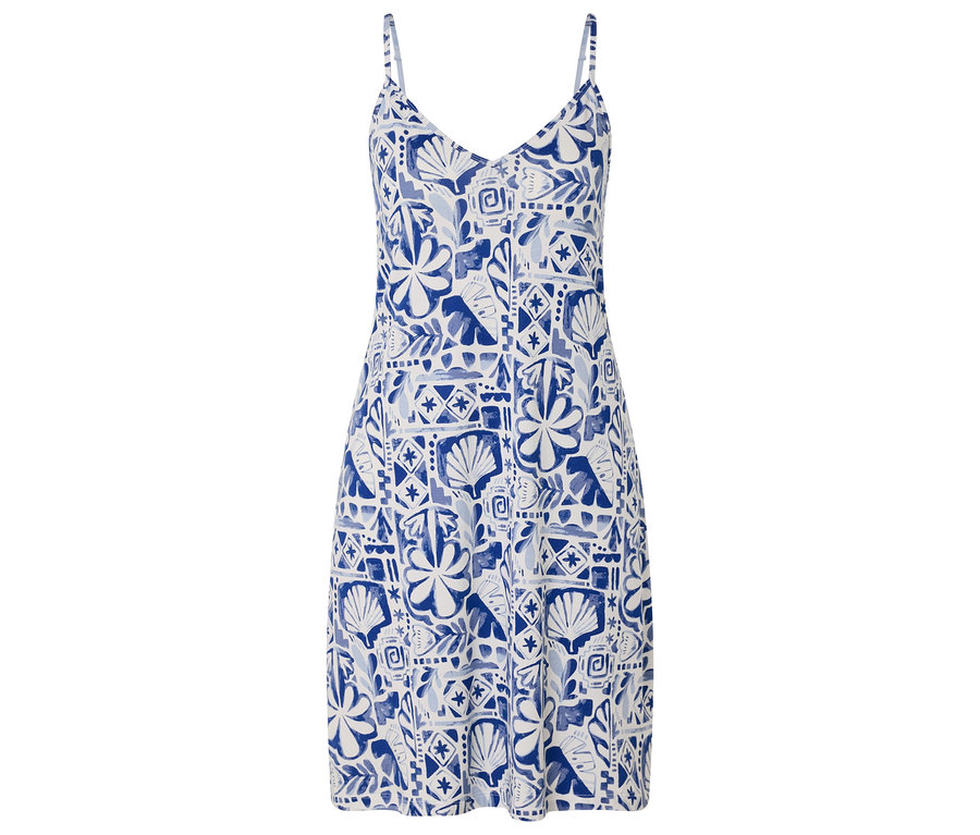 Blau-weißes, ärmelloses Kleid mit Blumen- und Muschelmuster.