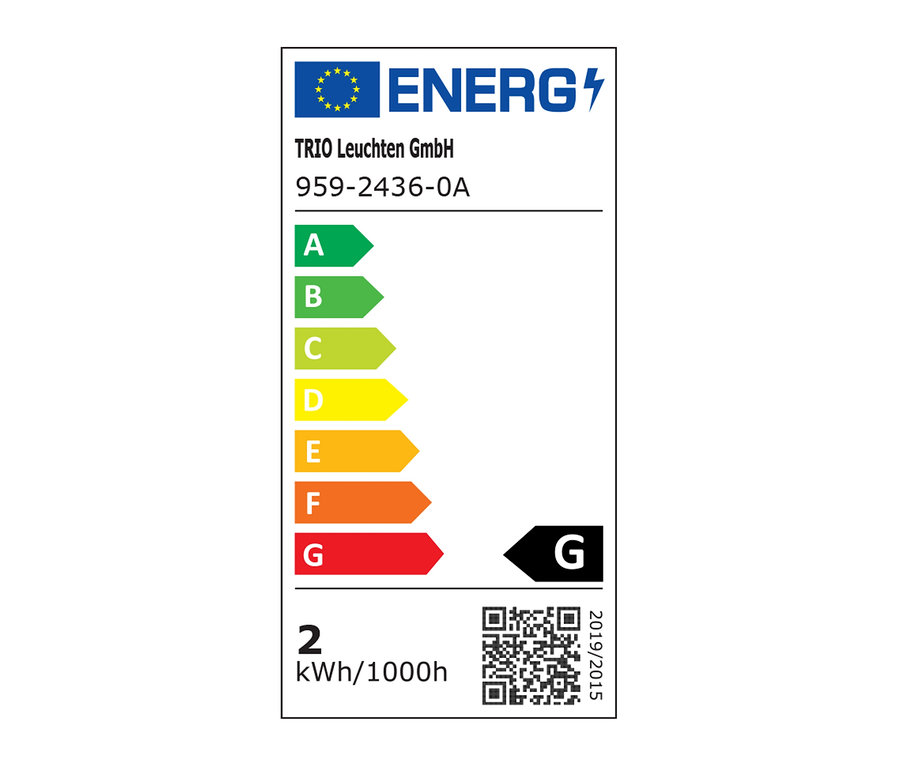 Energielabel von TRIO Leuchten GmbH, 959-2436-0A, mit Energieeffizienzklasse G und einem Verbrauch von 2 kWh/1000h.
