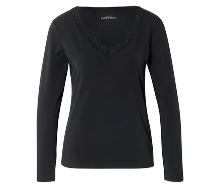Schwarzes Langarmshirt mit V-Ausschnitt und Spitzenbesatz am Ausschnitt.