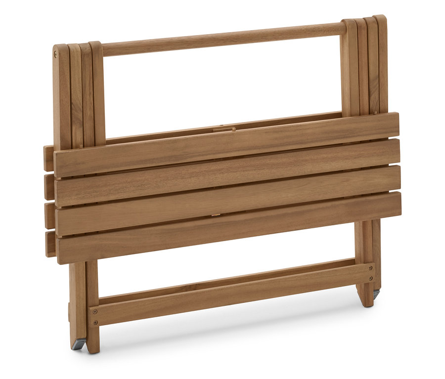 Zusammengeklappter, brauner Holztisch mit Rollen.