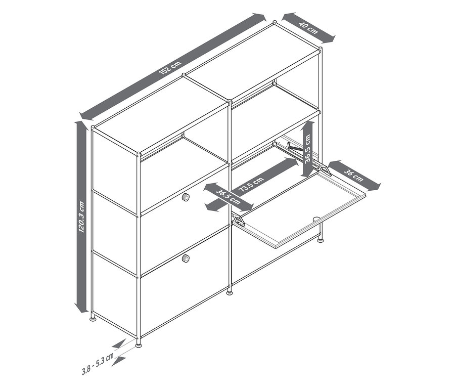 Draufsicht eines modularen Regalsystems mit Schubladen und Fächern, Maße sind eingezeichnet.