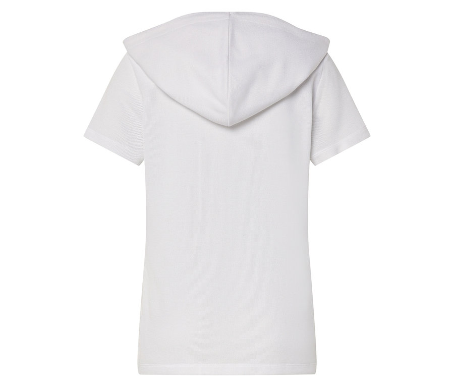 Rückansicht eines weißen Kapuzen-T-Shirts mit kurzen Ärmeln.