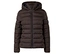 Eine gesteppte, braune Jacke mit Kapuze und einem Muster aus kleinen Rauten und Punkten ist mit einem Reißverschluss geschlossen.