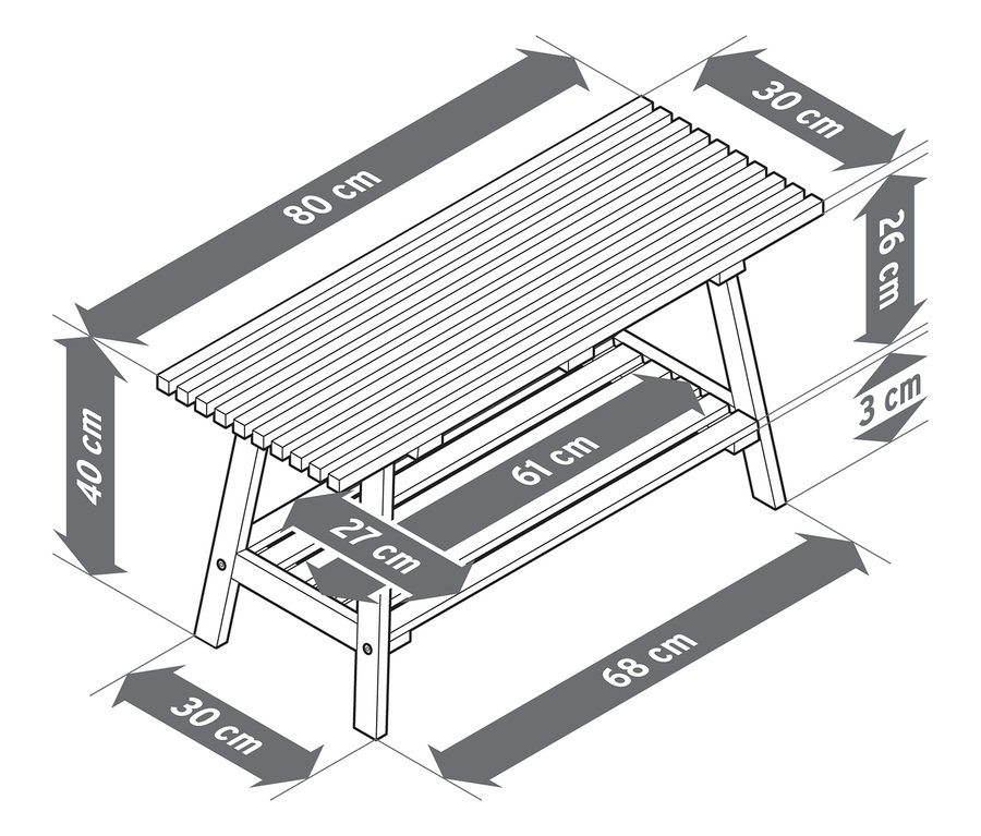 Draufsicht einer Bank »HOLT« aus Bambus mit Lamellenelementen und Maßangaben.