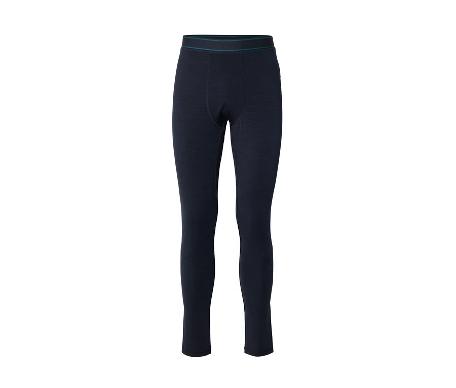 Dunkelblaue Leggings mit einem dünnen türkisfarbenen Streifen am Bund.