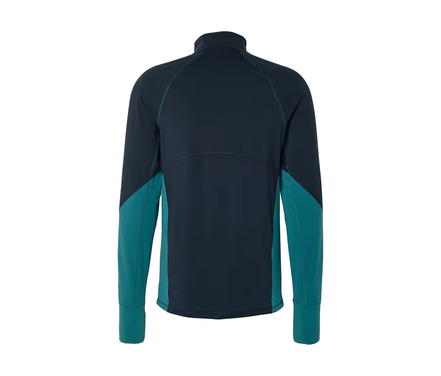Dunkelblaues Langarmshirt mit Stehkragen und türkisen Ärmeln sowie Seitenpartien, Rückansicht.