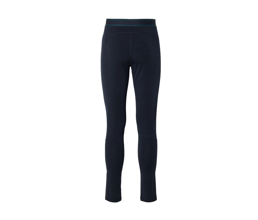 Dunkelblaue Leggings mit einem türkisfarbenen Bund, auf weißem Hintergrund.