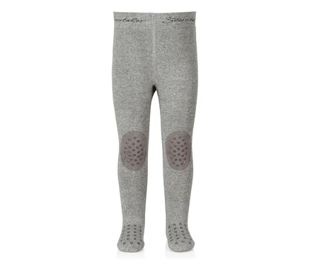 Graue Baby-Strumpfhose mit Rippenstruktur, mit dunkelgrauen Anti-Rutsch-Pads an Knien und Fußsohlen.