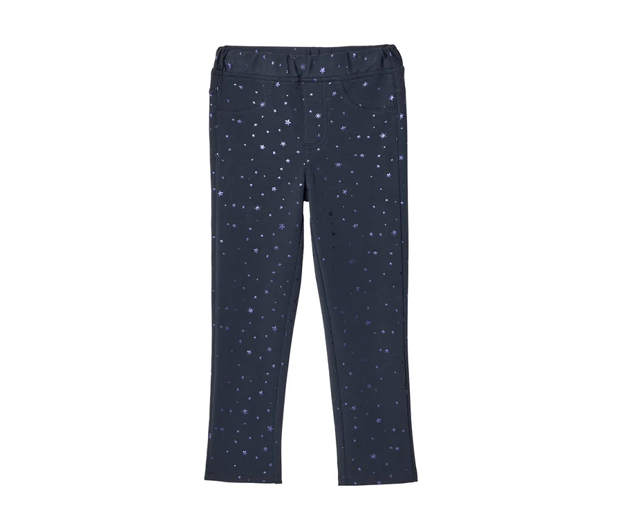Dunkelblaue Leggings mit glänzendem Sternen- und Punktmuster, elastischem Bund und zwei Vordertaschen.