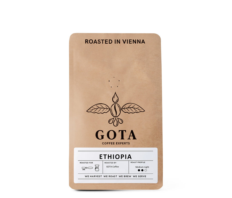 Eine Packung Gota Coffee - Ethiopien Omni-Roast - 250 g Ganze Bohne. Auf der Packung befindet sich das Gota Coffee Logo und der Schriftzug Roasted in Vienna.