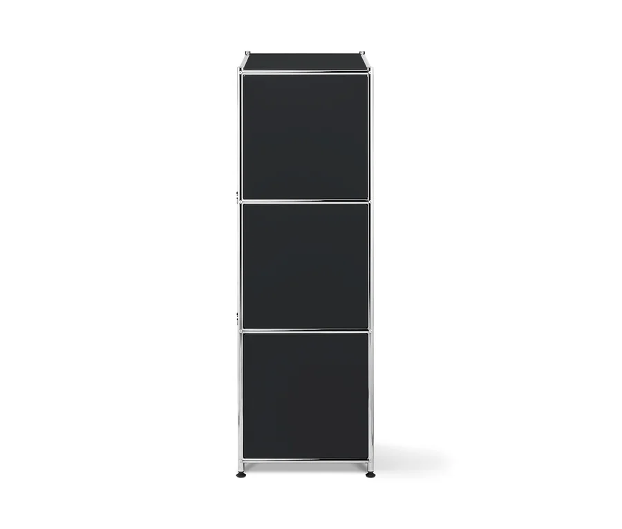 Schwarzes Metallregal mit 2 Klappfächern.