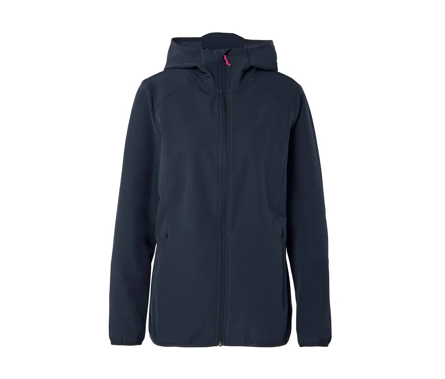 Dunkelblaue Softshelljacke mit Kapuze und pinkfarbenem Reißverschluss.