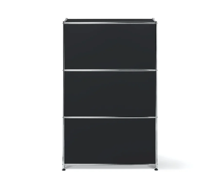 Schwarzes Metallregal mit zwei Klappfächern.