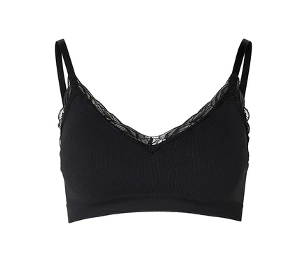 Schwarzes, geripptes Bralette mit Spaghettiträgern und Spitzenbesatz am V-Ausschnitt.
