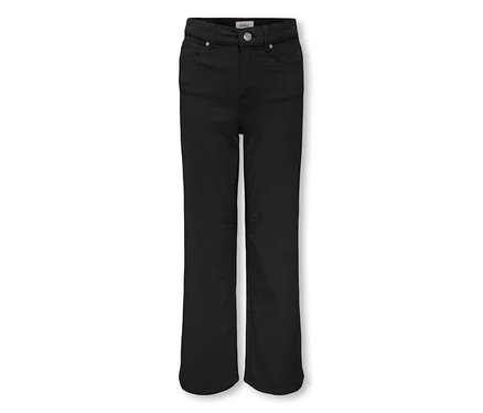 Schwarze Cordhose mit ausgestelltem Bein, Knopfverschluss und Taschen.