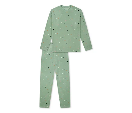 SCHIESSER Kinder-Velours-Pyjama "Herzchen" in Hellgrün mit bunten Herzchen, bestehend aus langärmligem Oberteil und langer Hose.