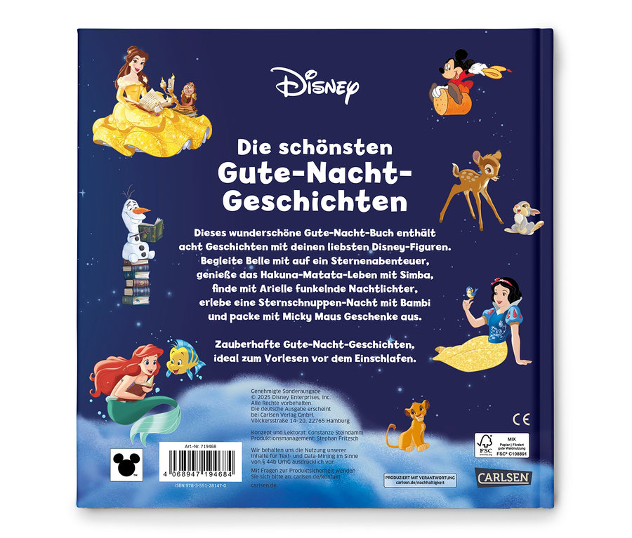 Cover des Disney-Buches "Die schönsten Gute-Nacht-Geschichten" mit Belle, Olaf, Arielle, Simba, Bambi, Schneewittchen und Micky Maus.