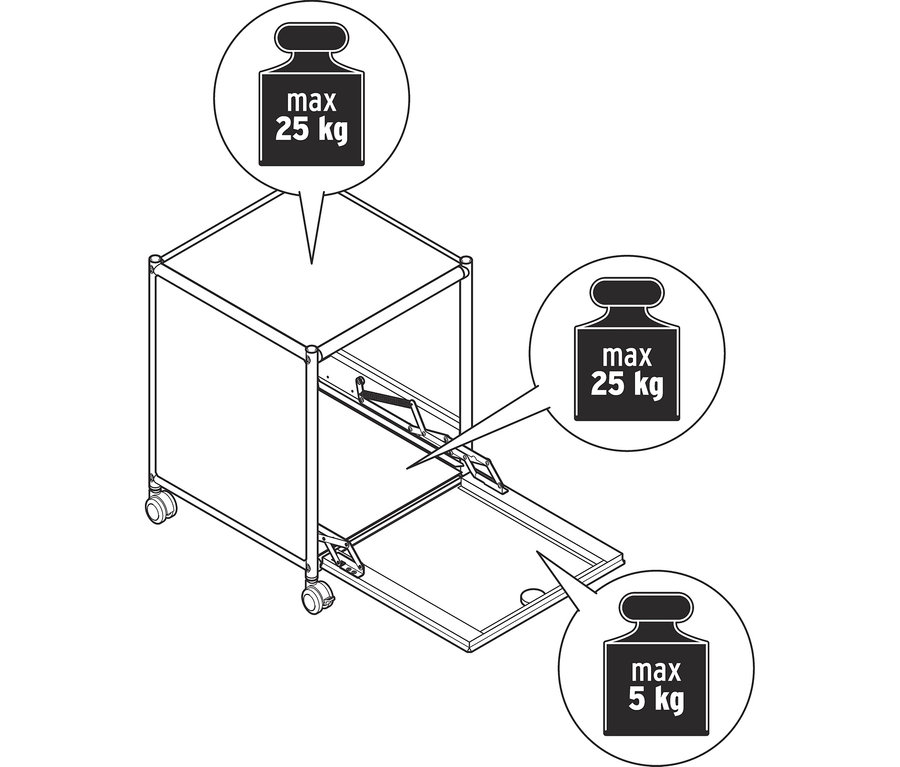 Strichzeichnung eines Metall-Beistelltisches »CN3« mit 1 Klappfach. Die obere Fläche trägt max. 25 kg, das Innere des Klappfachs max. 25 kg und die geöffnete Klappe max. 5 kg.