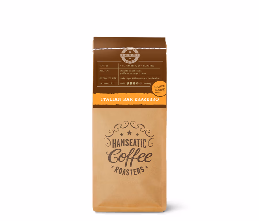 Braune Kaffeeverpackung Hanseatic Italian Bar Espresso, ganze Bohne, mit dunkelbraunem oberen Bereich, der Details zu Sorte, Aroma und Intensität zeigt.