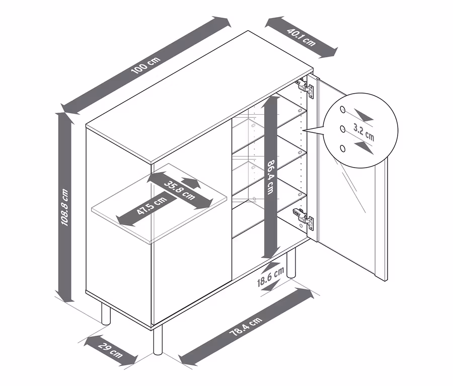 Strichzeichnung einer Vitrine in Travertinoptik, 100 cm breit, 108,8 cm hoch und 40,1 cm tief. Der Schrank hat zwei Bereiche; der linke ist geschlossen, der rechte hat eine offene Tür, die Regale zeigt. Die Beine sind 18,6 cm hoch, das linke Regal ist 47,5 cm breit und 35,8 cm tief. Das rechte Fach hat eine Innenhöhe von 86,4 cm, die Türstärke beträgt 3,2 cm.