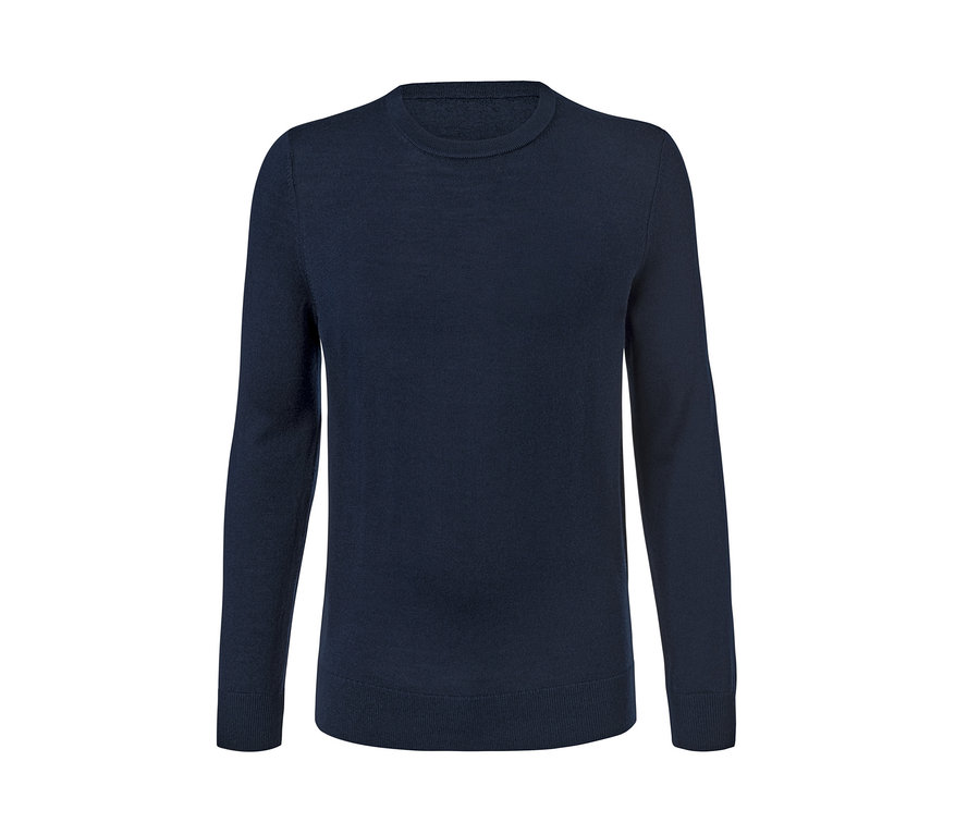 Dunkelblauer Merino-Pullover mit Rundhalsausschnitt.