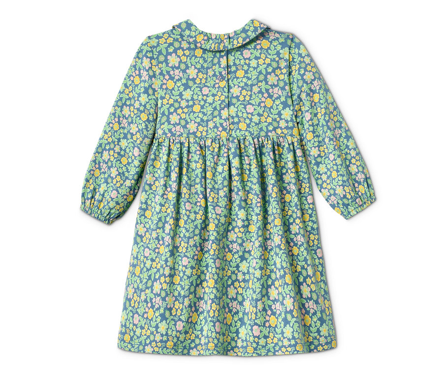 Blaues Jerseykleid mit durchgehendem Blumenmuster.