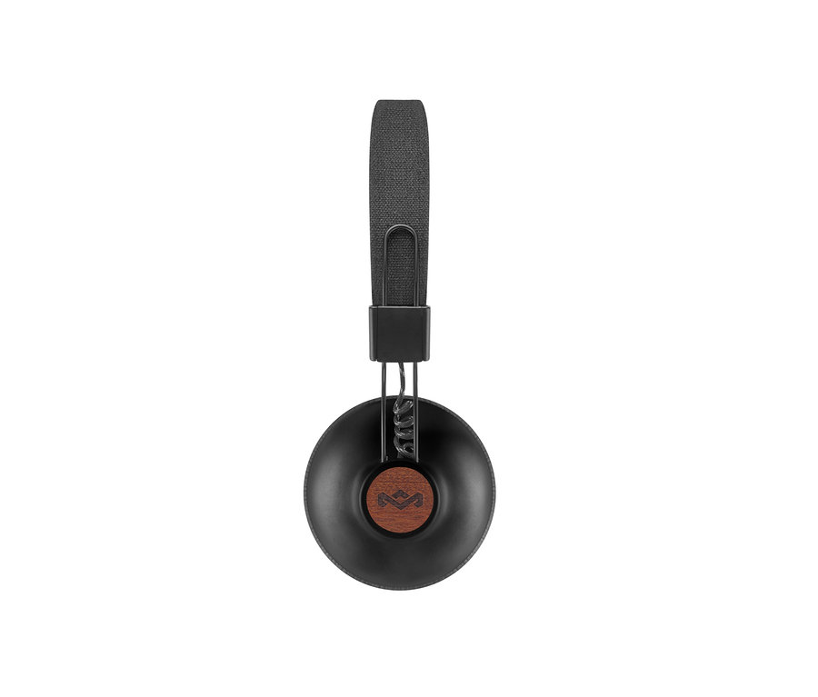 Schwarze House of Marley »Positive Vibration 2« Bluetooth®-On-Ear-Wireless-Kopfhörer auf weißem Hintergrund.