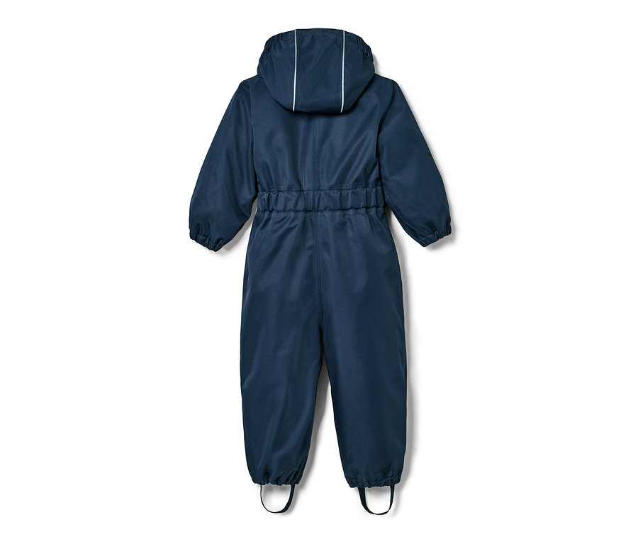 Blauer Regen-Einteiler mit Kapuze von hinten.