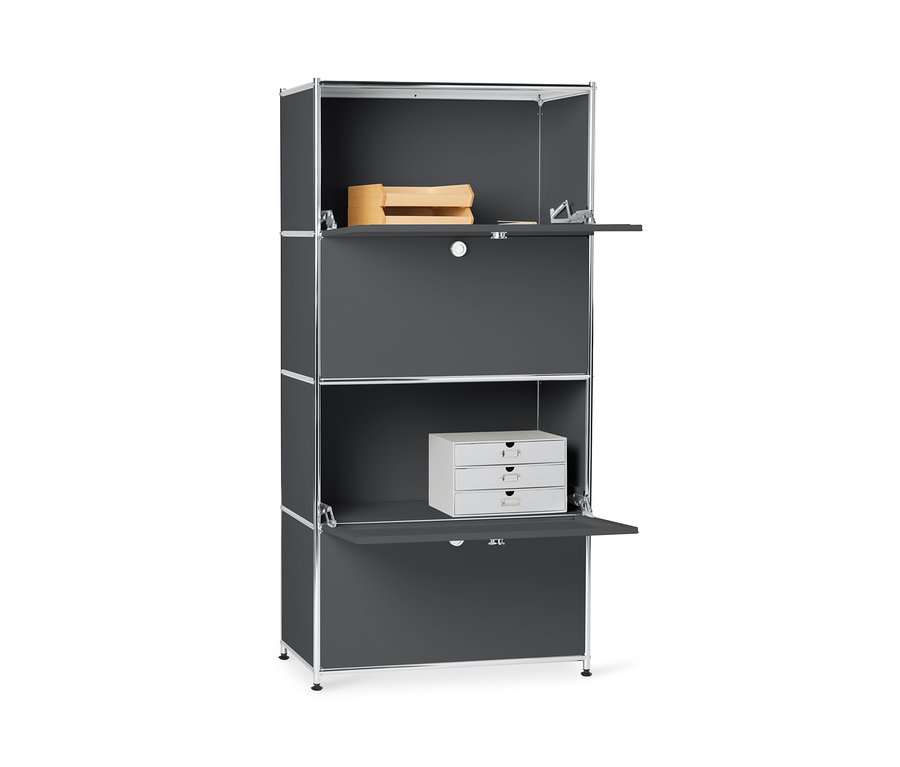 Graues Highboard Metall »CN3« mit 4 Klappenfächern, von denen zwei geöffnet sind.