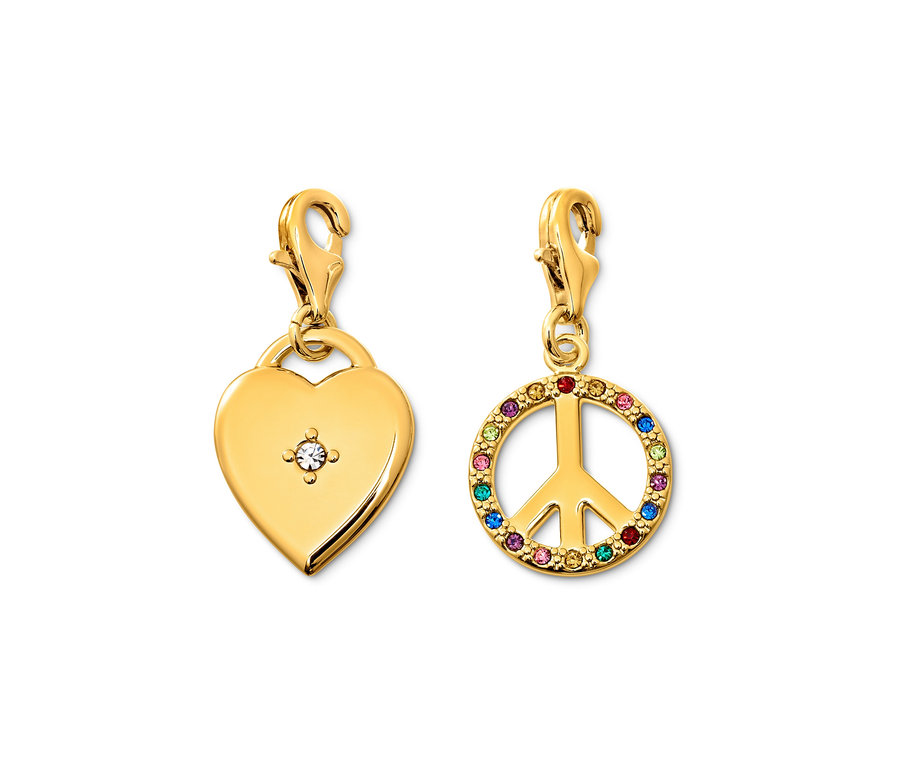 Zwei goldene Charm Sets Love and Peace: ein Herz mit Stein und ein Friedenssymbol mit bunten Steinen.