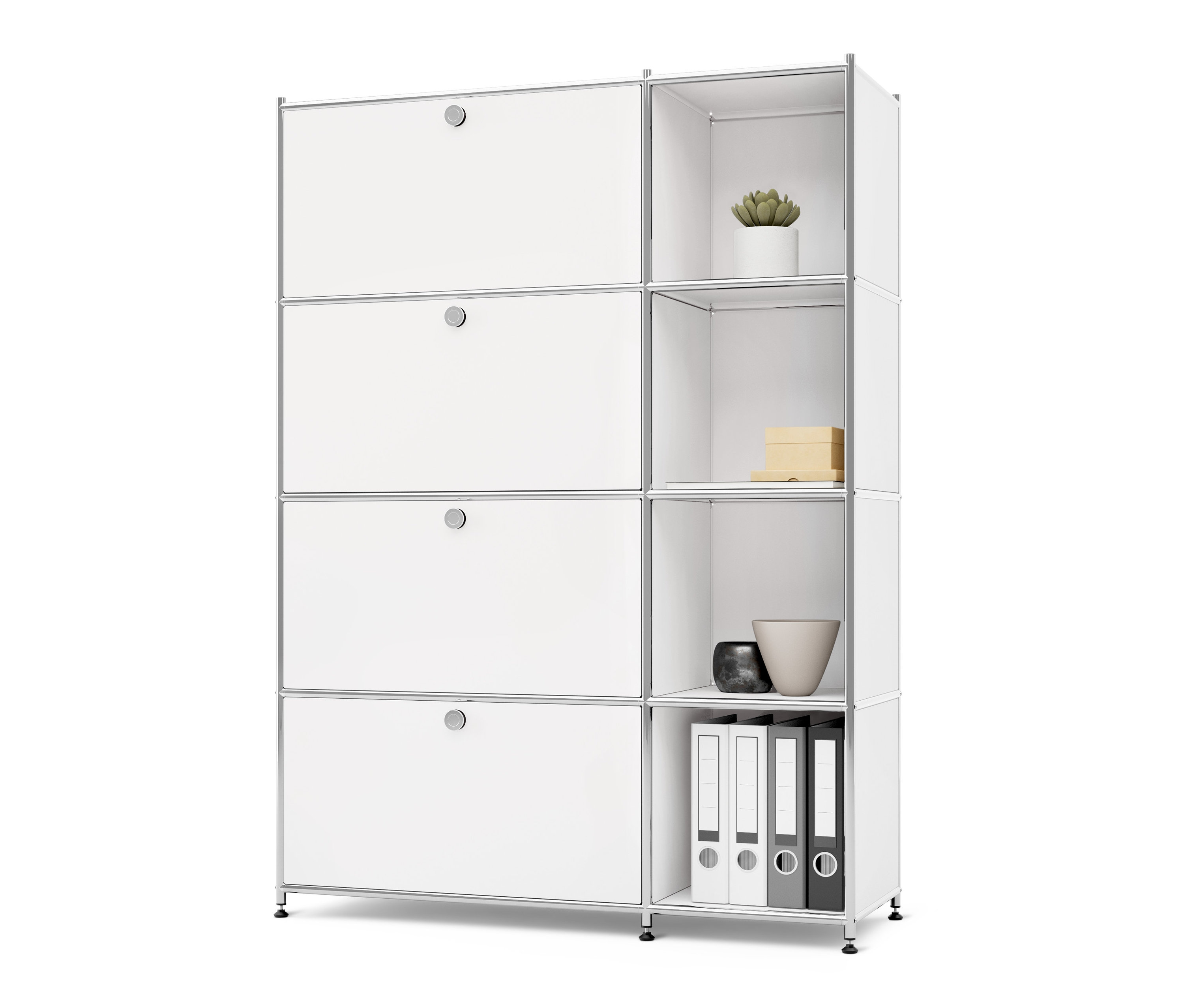 Weißes Regal Metall »CN3« mit 4 Klappenfächern und offenen Fächern mit Pflanze, Schachtel, Vase und Ordner.
