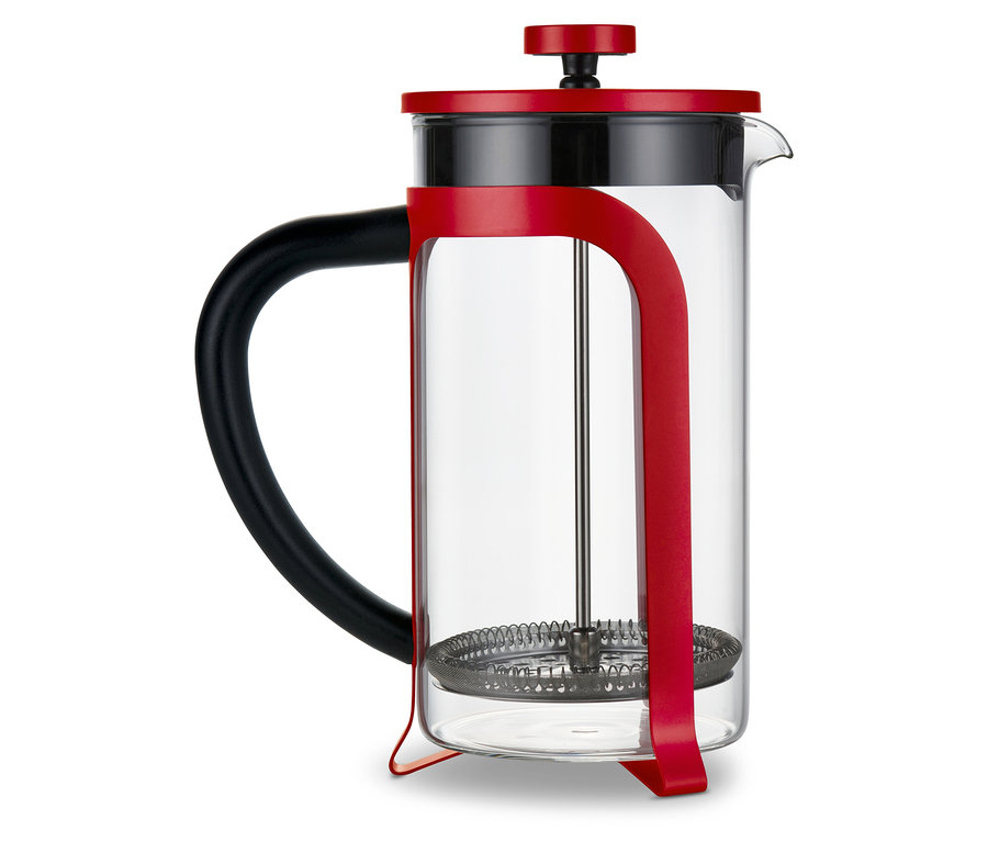 Eine rote Siebstempelkanne mit 800 ml Fassungsvermögen für 6 Tassen.